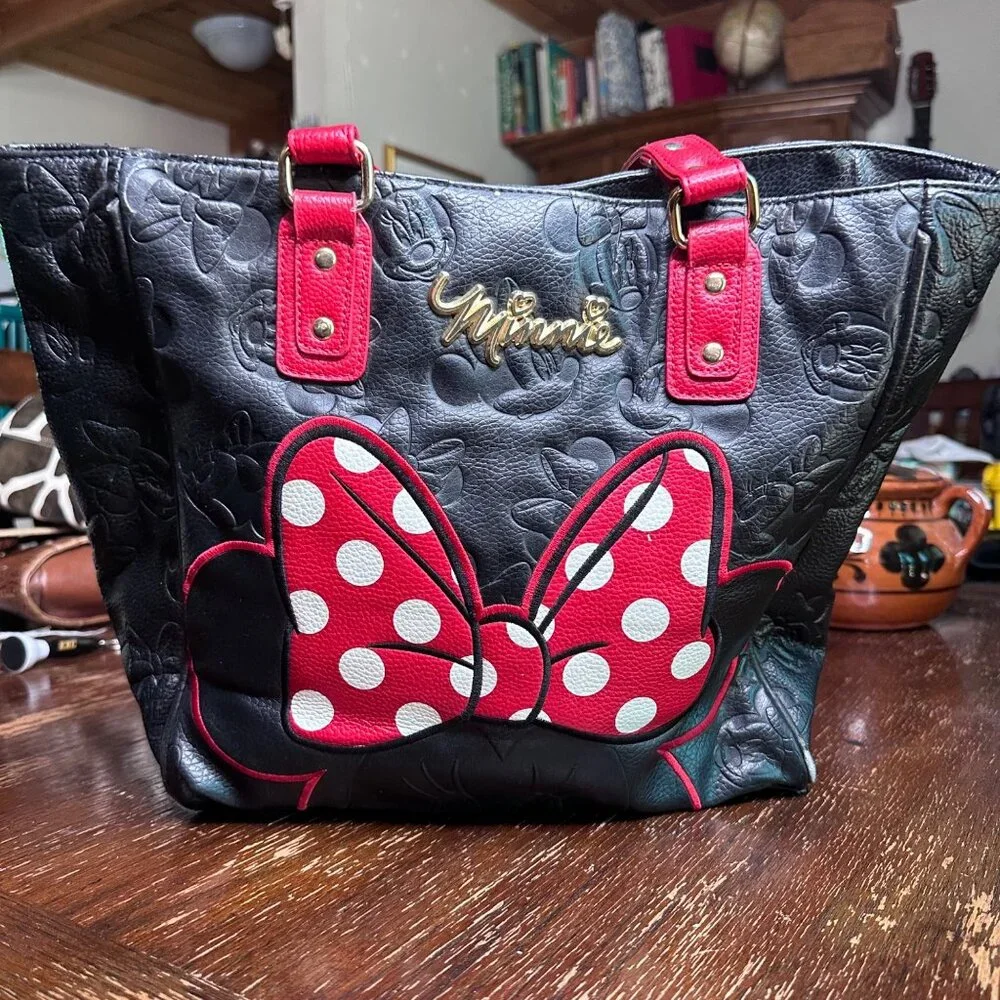 Loungefly Disney Minnie Mouse Tote Bag Embossed Black Faux Leather Polka Dot Bow - Picture 1 of 13